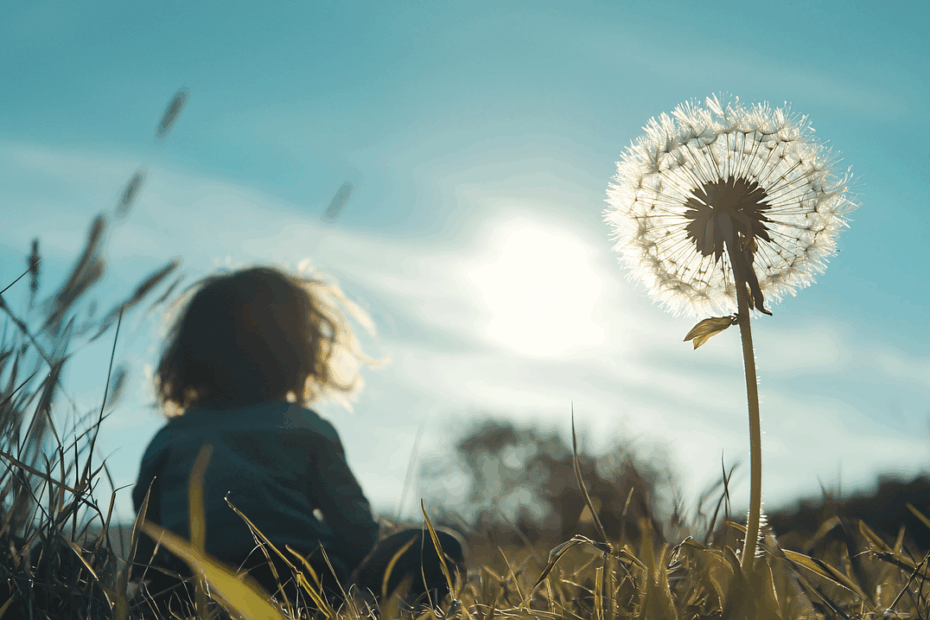 hoopvol beeld met paardenbloem tegen een opkomende zon en een kind zit in het gras